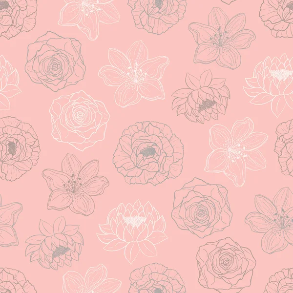 Dibujado Mano Patrón Sin Costura Vector Flores Peonía Floreciente Rosa — Archivo Imágenes Vectoriales
