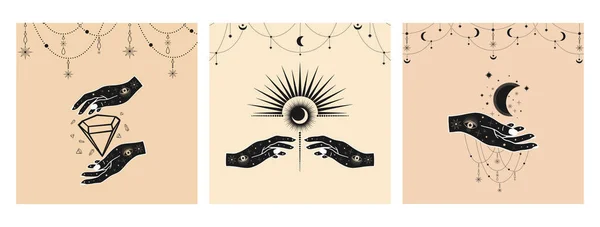 ラインアートの月 女性の手 目と星と神秘的な太陽 手の精神的なシンボルの天体の空間のカードを描いた 魔法のお守り Boho ヴィンテージ タトゥー ベクトルスケッチセットイラスト — ストックベクタ