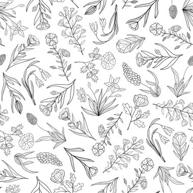 Çiçek ve yaprakların el çizimi kusursuz desen. Çiçekli yaz koleksiyonu. Tebrik kartı, duvar kağıdı, ambalaj kağıdı, kumaş, ambalaj için dekoratif karalama çizimi