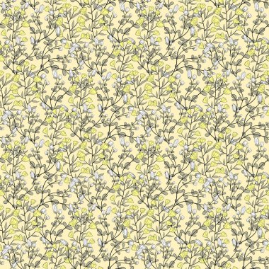 Çiçek ve yaprakların el çizimi kusursuz desen. Çiçekli renkli yaz koleksiyonu. Tebrik kartı, duvar kağıdı, ambalaj kağıdı, kumaş, ambalaj için dekoratif karalama çizimi