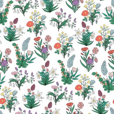 Çiçek ve yaprakların el çizimi kusursuz desen. Çiçekli renkli yaz koleksiyonu. Tebrik kartı, duvar kağıdı, ambalaj kağıdı, kumaş, ambalaj için dekoratif karalama çizimi