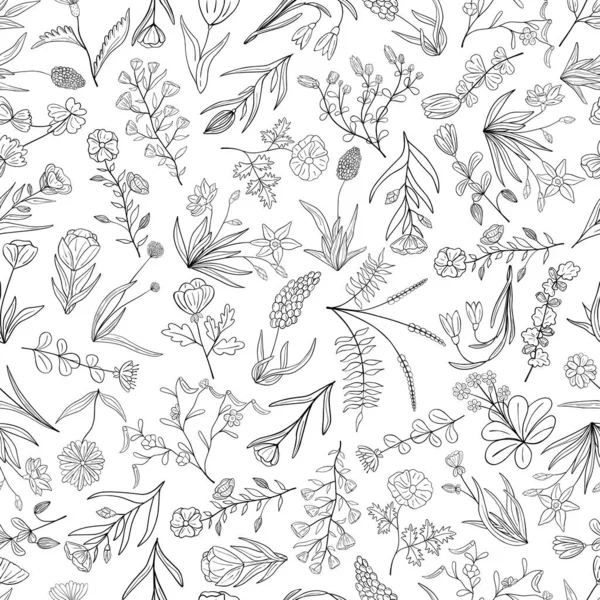 Hand drawn seamless pattern of blooming flowers and leaves. Floral summer collection. Decorative doodle illustration for greeting card, wallpaper, wrapping paper, fabric, packaging