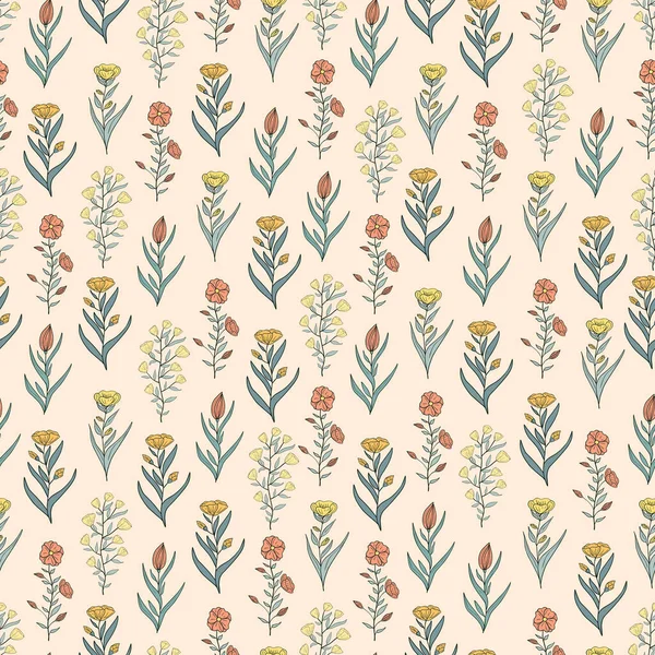 Handgezeichnete Nahtlose Muster Von Blühenden Blumen Und Blättern Floral Bunte — Stockvektor
