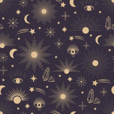 Hand drawn seamless pattern of Sun, Moon, star, sunburst, diamond, eye in line art. Celestial space vector. Magic space galaxy sketch illustration for greeting card, wallpaper, wrapping paper, fabric