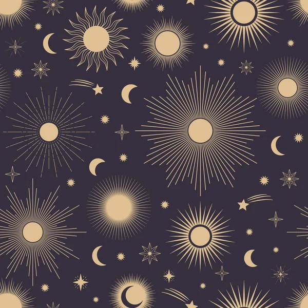 Hand Drawn Seamless Pattern Different Sun Moon Sunburst Stars Celestial — Vector de stock