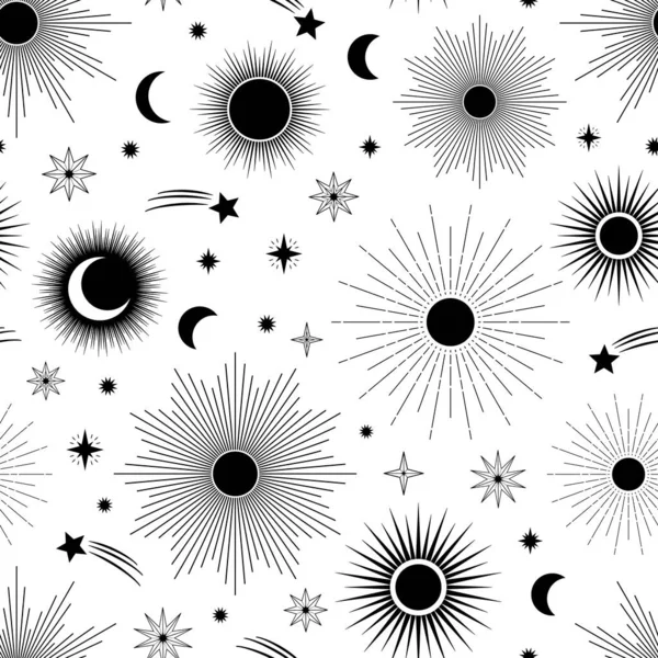 Handgezeichnetes Nahtloses Muster Verschiedener Sonne Mond Sonneneruption Sterne Himmlischer Raumvektor — Stockvektor