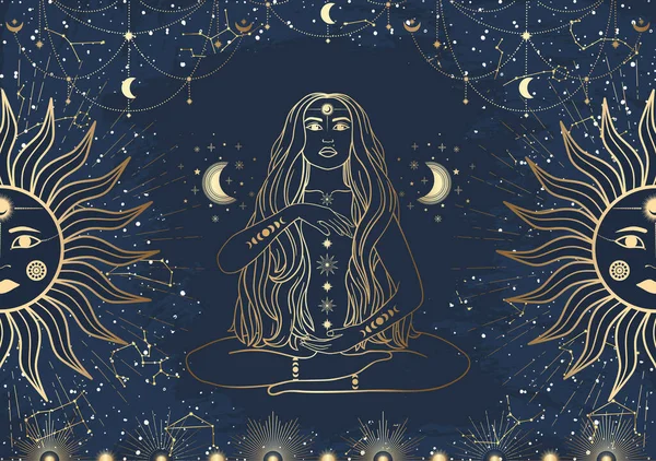 Handgezeichnete Karte Einer Goldenen Mystischen Frau Mit Sonne Mond Stern — Stockvektor