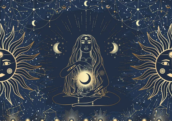 Hand Drawn Card Golden Mystical Woman Sun Moon Star Line — 스톡 벡터