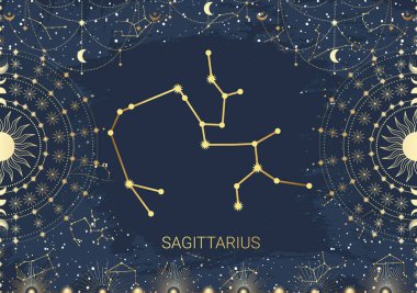 Altın yay, güneş, ay ve yıldızın el yapımı kartı. Takımyıldız gökyüzü. Zodiac burç sembolü, yıldız astrolojisi, astroloji işareti, ikon. Sihirli uzay galaksisi, vektör çizimi çizimi
