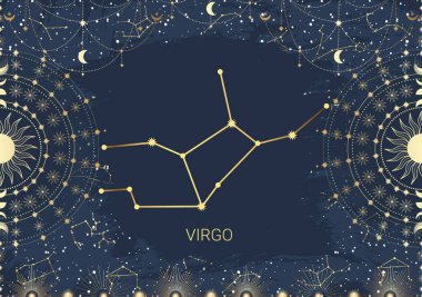 Altın başak burcu, güneş, ay, yıldız. Takımyıldız gökyüzü. Zodiac burç sembolü, yıldız astrolojisi, astroloji işareti, ikon. Sihirli uzay galaksisi, vektör çizimi çizimi