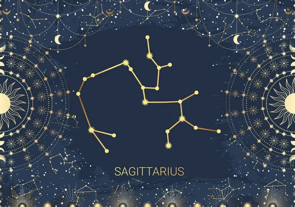 Carta Dibujada Mano Oro Sagitario Sol Luna Estrella Constelación Del — Vector de stock