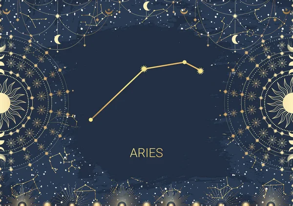 Carte Dessinée Main Bélier Soleil Lune Étoile Constellation Espace Céleste — Image vectorielle