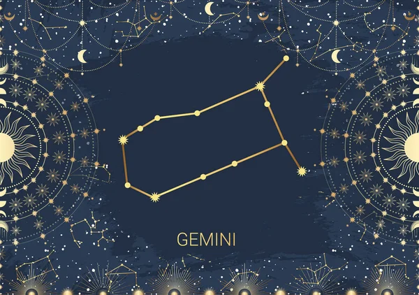 Carta Dibujada Mano Géminis Oro Sol Luna Estrella Constelación Del — Vector de stock