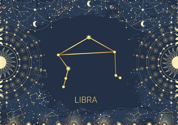 Carta Dibujada Mano Libra Dorada Sol Luna Estrella Constelación Del — Vector de stock