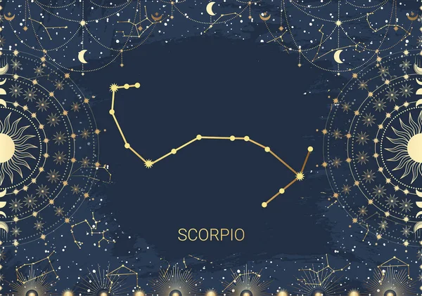 Carta Dibujada Mano Escorpio Dorado Sol Luna Estrella Constelación Del — Vector de stock