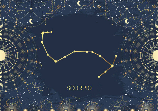 Hand drawn card of golden Scorpio, Sun, Moon, star. Constellation celestial space. Zodiac horoscope symbol, star astrology, astrology sign, icon. Magic space galaxy, vector sketch illustration