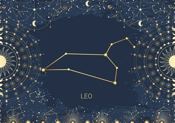 Carte Tirée Main Lion Soleil Lune Étoile Constellation Espace Céleste — Image vectorielle