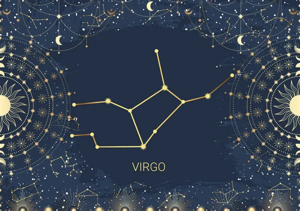 Hand Drawn Card Golden Virgo Sun Moon Star Constellation Celestial — Stock Vector