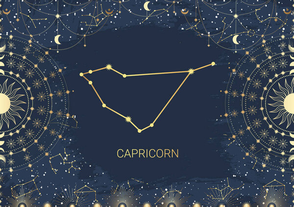 Hand drawn card of golden Capricorn, Sun, Moon, star. Constellation celestial space. Zodiac horoscope symbol, star astrology, astrology sign, icon. Magic space galaxy, vector sketch illustration