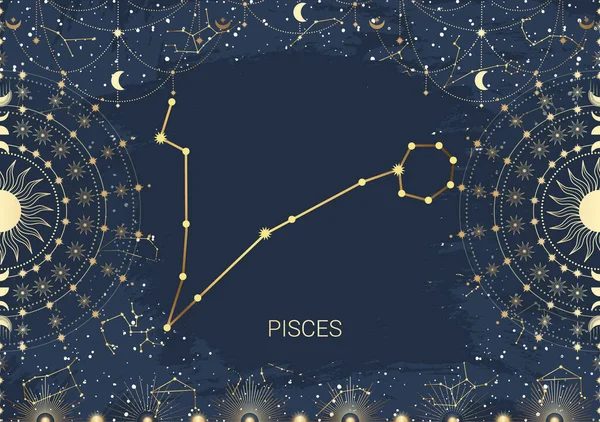 Carta Dibujada Mano Piscis Oro Sol Luna Estrella Constelación Del — Vector de stock