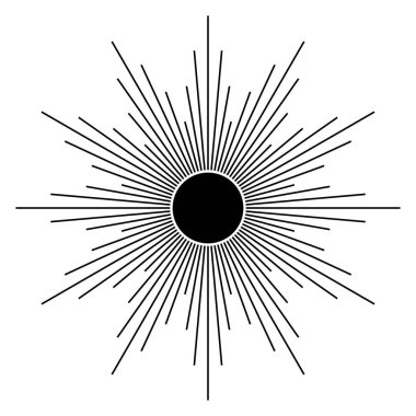 Sanat eserlerinde el çizimi mistik güneş. Güneş patlaması, ışık huzmeleri, ruhani sembol gökyüzü. Sihirli tılsım, antika tarzı, boho, dövme, logo. Vektör illüstrasyonu beyaz arkaplanda izole edildi.