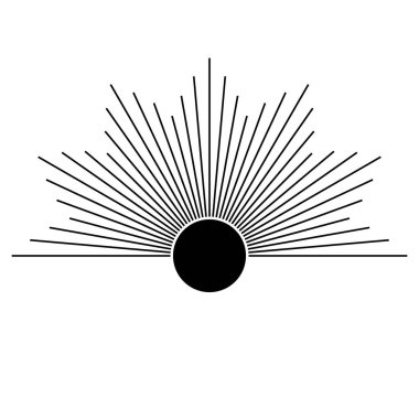 Sanat eserlerinde el çizimi mistik güneş. Güneş patlaması, ışık huzmeleri, ruhani sembol gökyüzü. Sihirli tılsım, antika tarzı, boho, dövme, logo. Vektör illüstrasyonu beyaz arkaplanda izole edildi.