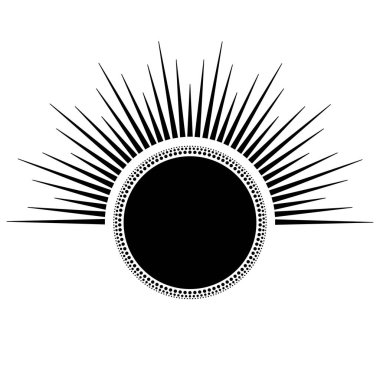 Sanat eserlerinde el çizimi mistik güneş. Güneş patlaması, ışık huzmeleri, ruhani sembol gökyüzü. Sihirli tılsım, antika tarzı, boho, dövme, logo. Vektör illüstrasyonu beyaz arkaplanda izole edildi.