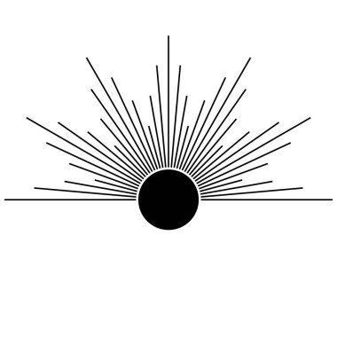 Sanat eserlerinde el çizimi mistik güneş. Güneş patlaması, ışık huzmeleri, ruhani sembol gökyüzü. Sihirli tılsım, antika tarzı, boho, dövme, logo. Vektör illüstrasyonu beyaz arkaplanda izole edildi.