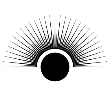 Sanat eserlerinde el çizimi mistik güneş. Güneş patlaması, ışık huzmeleri, ruhani sembol gökyüzü. Sihirli tılsım, antika tarzı, boho, dövme, logo. Vektör illüstrasyonu beyaz arkaplanda izole edildi.