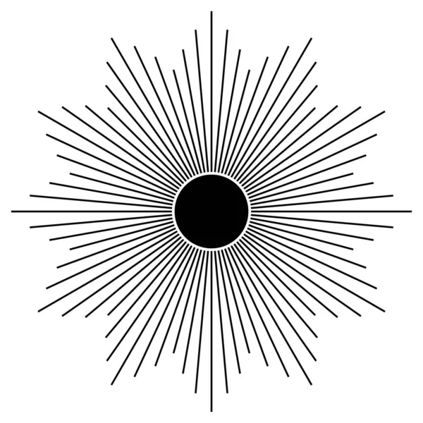 Sanat eserlerinde el çizimi mistik güneş. Güneş patlaması, ışık huzmeleri, ruhani sembol gökyüzü. Sihirli tılsım, antika tarzı, boho, dövme, logo. Vektör illüstrasyonu beyaz arkaplanda izole edildi.