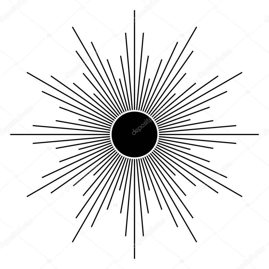 Hand drawn mystical Sun in line art. Sunburst, light rays, spiritual symbol celestial space. Magic talisman, antique style, boho, tattoo, logo. Vector illustration isolated on white background.