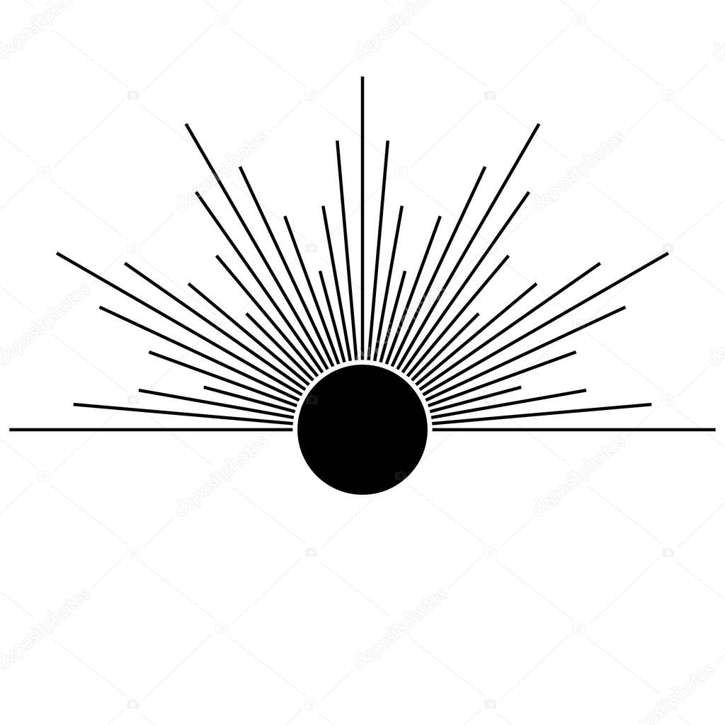 Hand drawn mystical Sun in line art. Sunburst, light rays, spiritual symbol celestial space. Magic talisman, antique style, boho, tattoo, logo. Vector illustration isolated on white background.