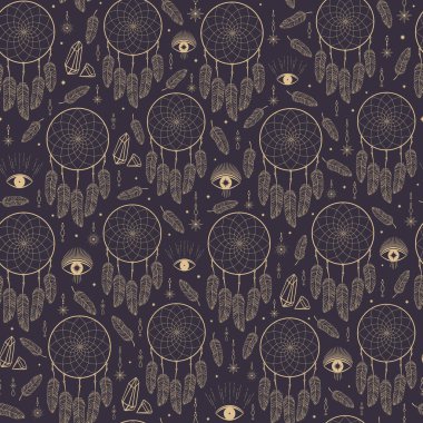 El çizimi kusursuz rüya kapanı, tüy, yıldız, göz, elmas deseni. Bohem tılsımı, bohem etnik tarzı, sihirli kabile sembolü. Duvar kağıdı, ambalaj kağıdı, kumaş için vektör çizimi