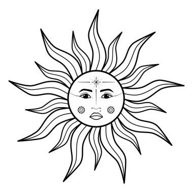 El çizimi mistik güneş, kadın yüzü de sanat eseri. Ruhsal sembol gökyüzü. Sihirli tılsım, antika tarzı, boho, dövme, logo. Beyaz arkaplanda izole edilmiş vektör illüstrasyonu.