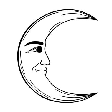 İnsan yüzlü el çizimi Ay. Ruhsal sembol gökyüzü. Sihirli tılsım, antika tarzı, boho, dövme, logo. Beyaz arkaplanda izole edilmiş vektör illüstrasyonu.