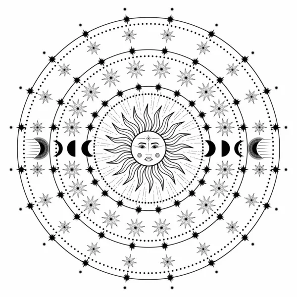 Handgetekende Cirkel Van Zon Maan Ster Sterrenbeeld Sterrenbeeld Hemelse Ruimte — Stockvector