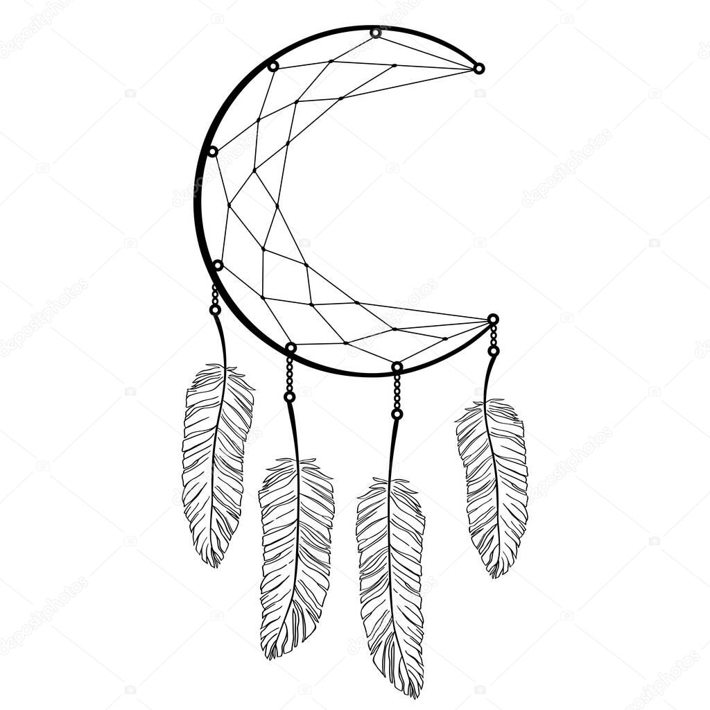 Hand drawn dreamcatcher with feather. Bohemian talisman, boho ethnic style, magic tribal symbol. Vector illustration isolated on white background.