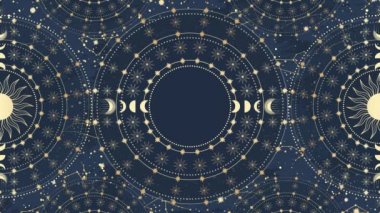 Altın Güneş 'in, Ay' ın, yıldızın, takımyıldızın animasyonu. Takımyıldız gökyüzü. Zodiac burç sembolü, yıldız astrolojisi, astroloji işareti, ikon. Sihirli uzay gökadası mavi arkaplanda 4K video