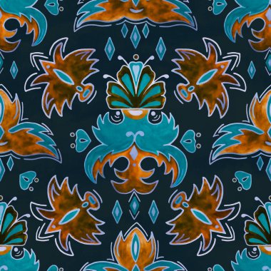 Hand drawn watercolor abstract ornament seamless pattern on a dark blue background. Decorative damask ornamental illustration for textile, wallpaper, wrapping paper, fabric