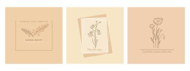 Hand drawn minimal logo of blooming flowers and leaves in line art. Bohemian floral vector illustration. Decorative botanique monogram composition for greeting card, wedding invitation, fabric