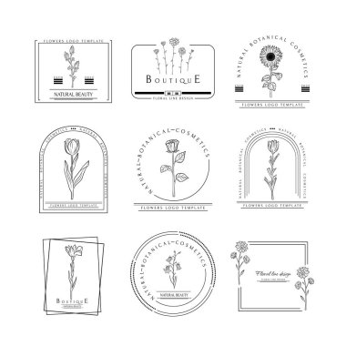 Hand drawn minimal logo of blooming flowers and leaves in line art. Bohemian floral vector illustration. Decorative botanique monogram composition for greeting card, wedding invitation, fabric