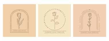 Hand drawn minimal logo of blooming flowers and leaves in line art. Bohemian floral vector illustration. Decorative botanique monogram composition for greeting card, wedding invitation, fabric