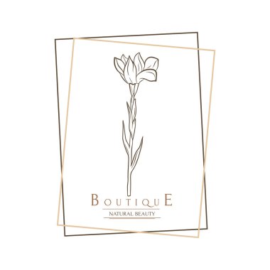 Hand drawn minimal logo of blooming flowers and leaves in line art. Bohemian floral vector illustration. Decorative botanique monogram composition for greeting card, wedding invitation, fabric