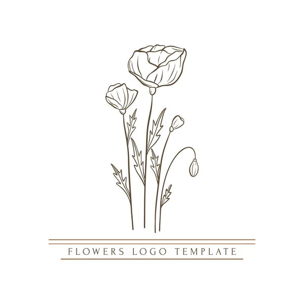 Hand Drawn Minimal Logo Blooming Flowers Leaves Line Art Bohemian — 图库矢量图片