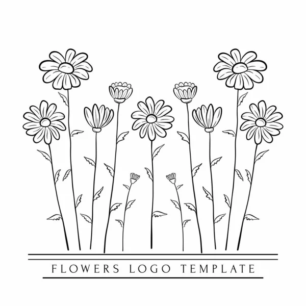 Hand Drawn Minimal Logo Blooming Flowers Leaves Line Art Bohemian — 图库矢量图片