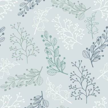 Dalların, yaprakların ve böğürtlenlerin elle çizilmiş desenleri. Çiçek botanik koleksiyonu. Tebrik kartı, davetiye, duvar kağıdı, ambalaj kağıdı, kumaş için dekoratif vektör çizimi