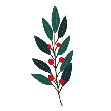 Hand drawn branch with leaves and berries isolated on white background. Decorative doodle sketch illustration. Vector floral element.