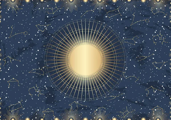 Carta Dibujada Mano Sol Dorado Explosión Sol Rayos Luz Estrellas — Vector de stock