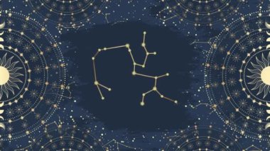 Altın yay, güneş, ay, yıldız, takımyıldızı animasyonu. Takımyıldız gökyüzü. Zodiac sembolü, yıldız astrolojisi, astroloji işareti, ikon. Sihirli uzay gökadası mavi arkaplanda 4K video
