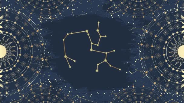 黄金の射手座のアニメーション 星座の天体空間 黄道帯のシンボル星占い占星術のサインアイコン 魔法の宇宙銀河4Kビデオ青の背景 — ストック動画